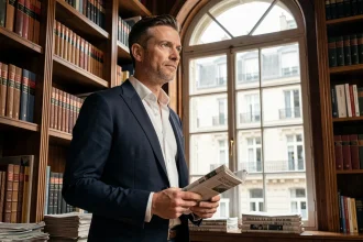 Directeur de média en costume sombre dans un bureau éditorial parisien avec des bibliothèques et des journaux empilés