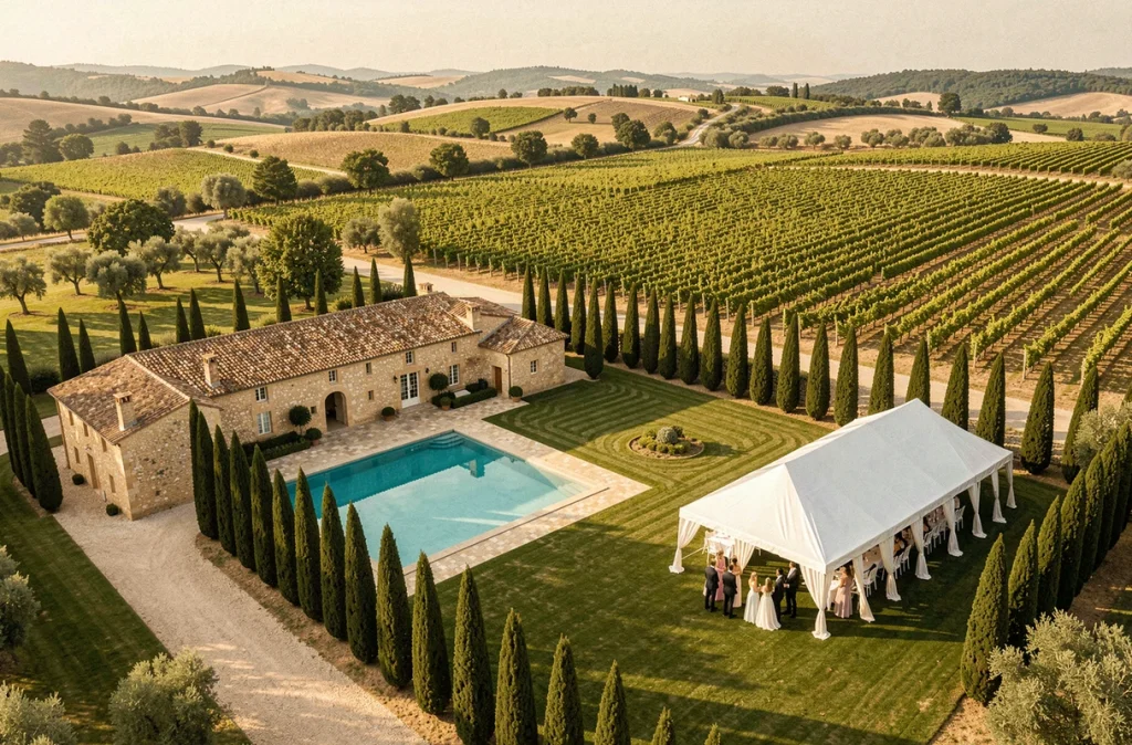 Vue panoramique d'un domaine de mariage de luxe en Provence Var avec bastide, vignes et piscine