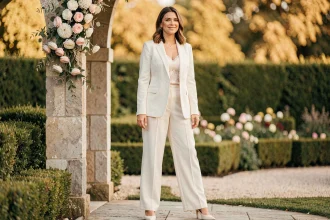 Femme élégante en combinaison pantalon ivoire pour un mariage en extérieur, exemple de tenue bien coordonnée