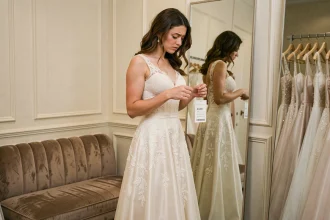Jeune mariée essayant une robe de mariée dans une boutique à Lyon en regardant l'étiquette de prix
