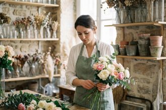 Fleuriste événementielle parisienne préparant un bouquet de mariée en atelier avec roses garden et eucalyptus