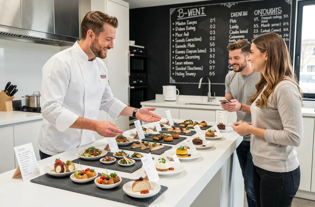 Un traiteur présentant un assortiment de plats personnalisés à un couple de mariés lors d'une dégustation de menu sur mesure