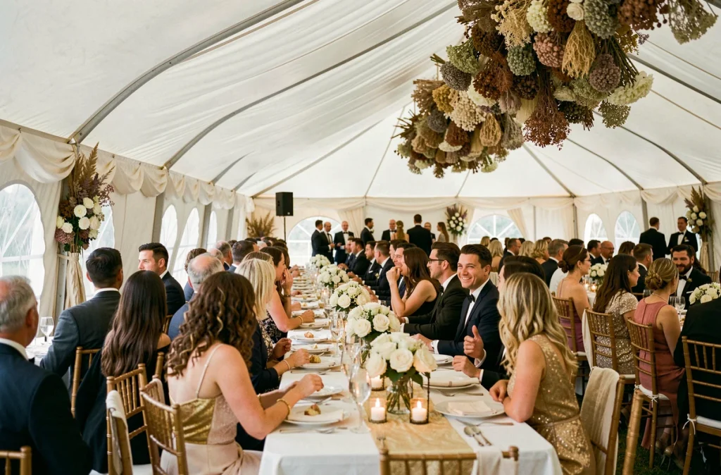 Intérieur d'une tente gonflable décorée pour un mariage avec tables dressées et fleurs blanches