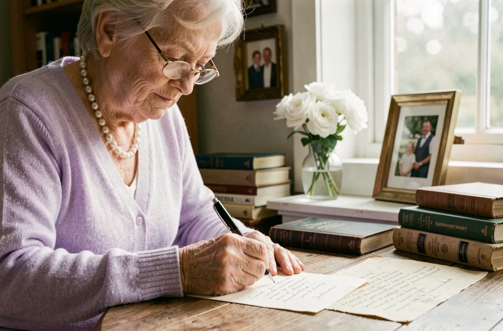Femme âgée rédigeant un texte d'invitation pour un anniversaire de mariage de 70 ans à son bureau