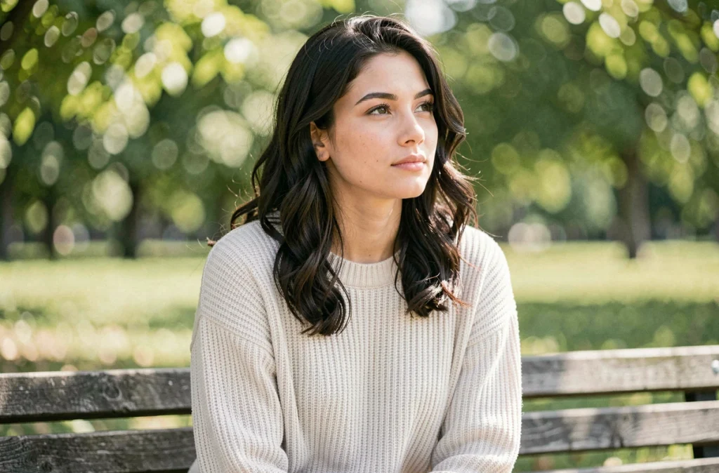 Jeune femme pensive assise sur un banc dans un parc, portrait éditorial naturel pour article sur la vie sentimentale