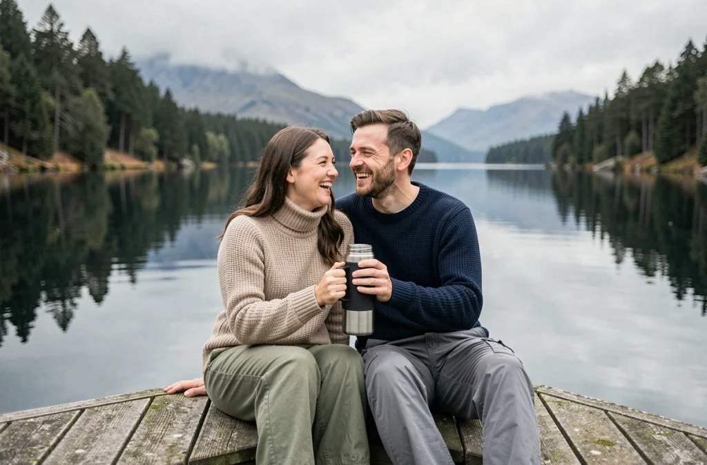 Couple de jeunes mariés assis sur un ponton en bois au bord d'un loch écossais, partageant un thé avec un reflet parfait des montagnes et forêts sur l'eau calme