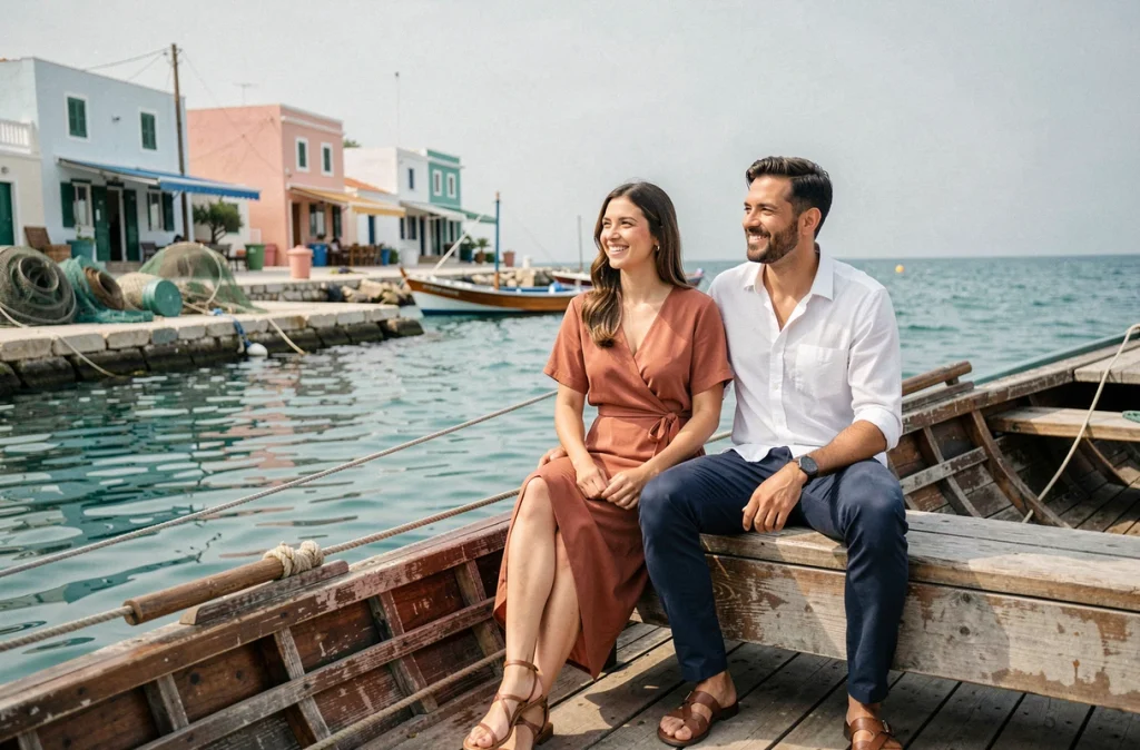 Couple en lune de miel assis sur un bateau de pêche traditionnel dans un port grec turquoise