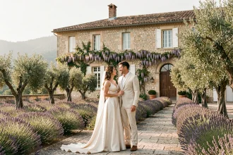 Couple de mariés devant un château provençal dans le Var entouré de lavande et d'oliviers