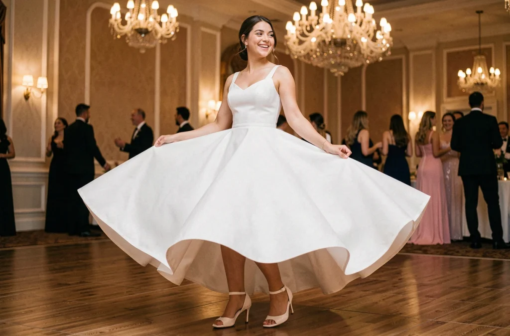 Mariée en robe blanche dansant avec des chaussures blanches confortables à bride en T sur un parquet de salle de réception
