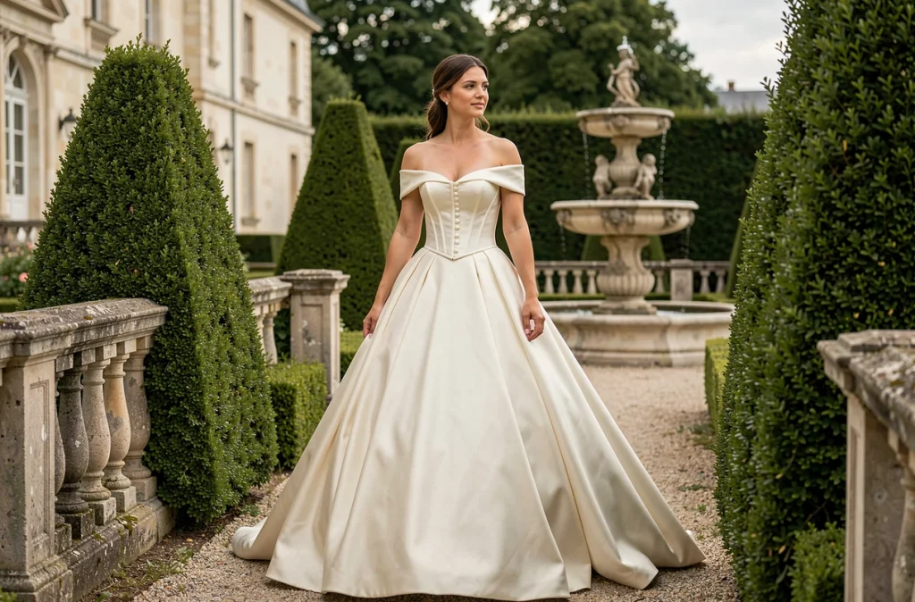 Mariée en robe princesse satin marchant dans les jardins formels d'un château historique
