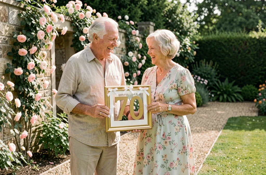 Couple âgé tenant un panneau doré 70 ans dans un jardin fleuri pour célébrer leurs noces de platine