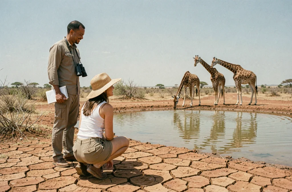 Jeunes mariés en safari observant des girafes au bord d'un point d'eau dans la savane africaine lors de leur lune de miel