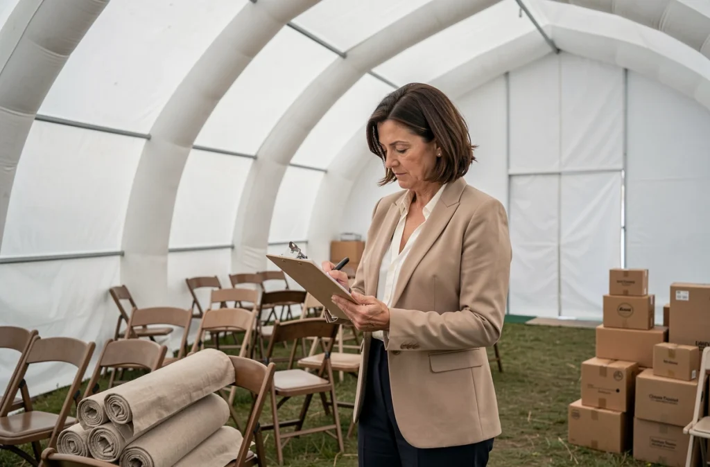Organisatrice de mariage consultant ses plans à l'intérieur d'une tente gonflable en cours d'installation