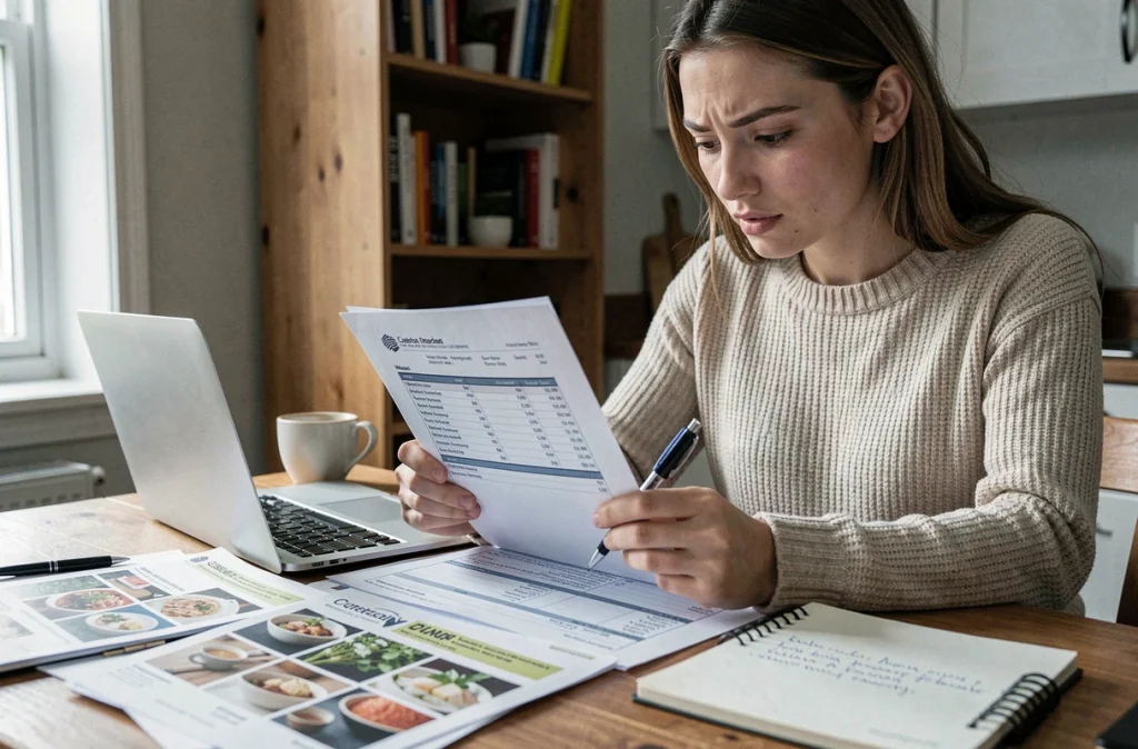Une future mariée analysant attentivement un devis de traiteur posé sur une table avec des brochures et un carnet de notes comparatifs