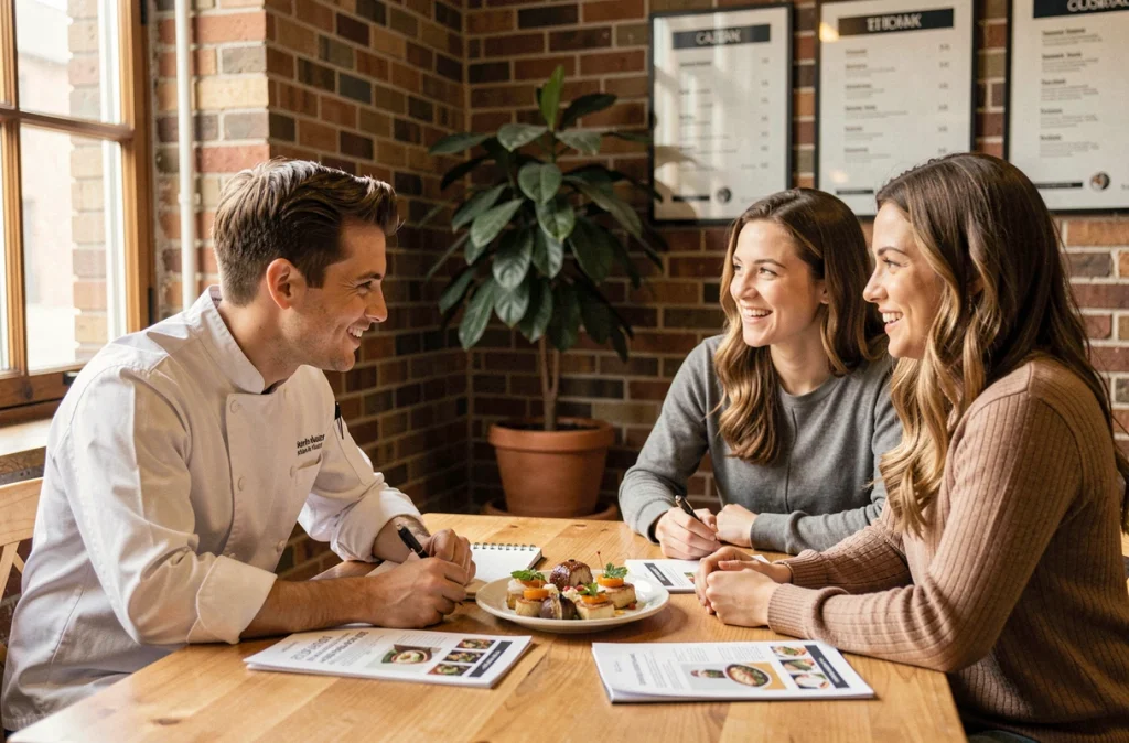 Un traiteur local en tenue de chef écoutant attentivement un couple de futurs mariés lors d'une consultation personnalisée avec carnet de notes