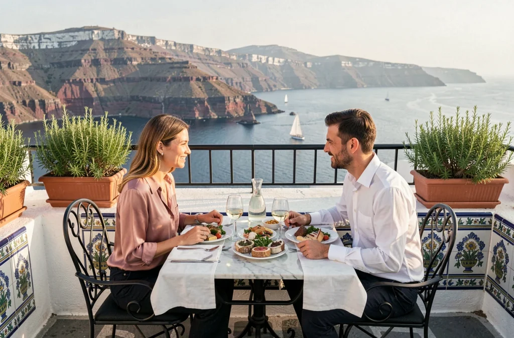 Couple de mariés dégustant des mezze sur une terrasse de restaurant avec vue sur la caldeira de Santorin