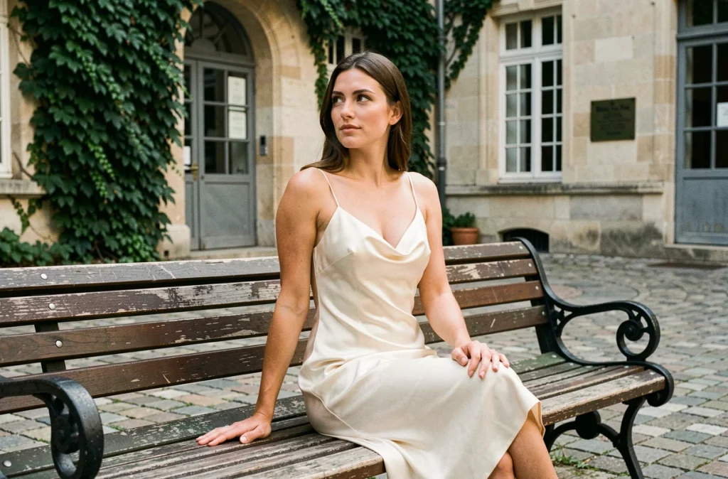 Femme portant une robe ASOS en satin ivoire pour mariage civil assise dans une cour de mairie avec murs en pierre