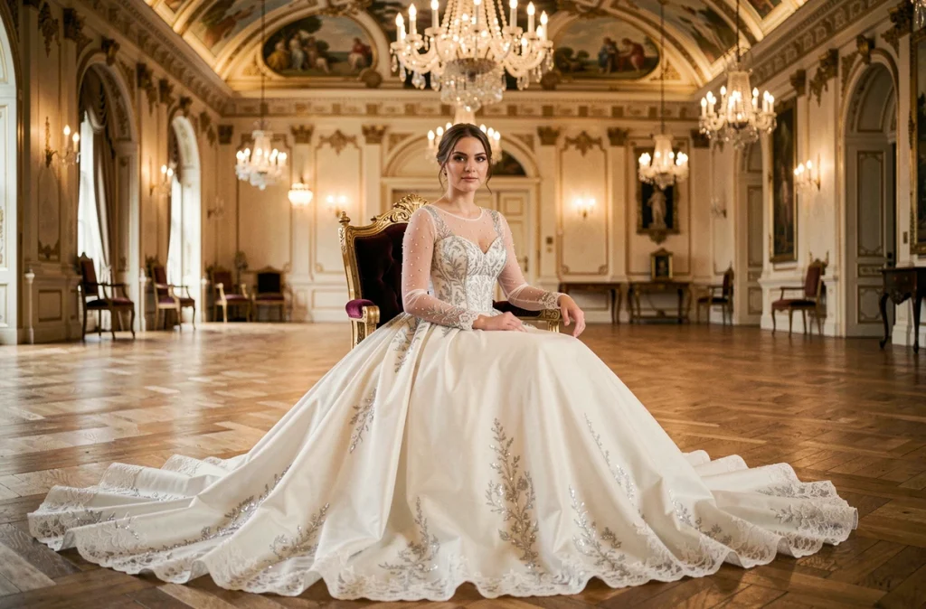 Mariée assise en robe de bal brodée dans la salle de bal dorée d'un château avec parquet et fresques