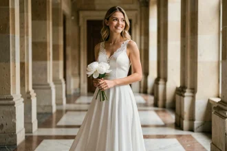 Femme en robe de mariée ASOS midi en dentelle blanche dans un couloir de mairie française pour un mariage civil élégant