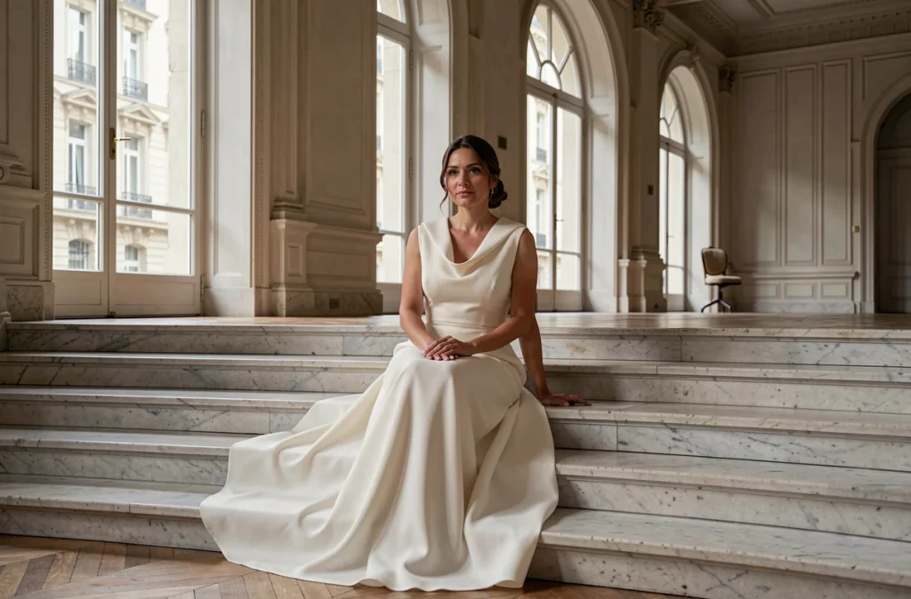 Mariée élégante en robe ivoire minimaliste assise sur un escalier en marbre dans un intérieur chic