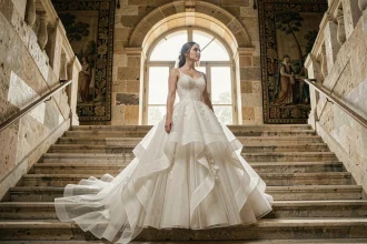 Mariée en robe de princesse à longue traîne dans l'escalier en pierre d'un château français