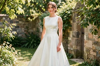 Femme portant une robe de mariée simple et classe en satin blanc dans un jardin fleuri