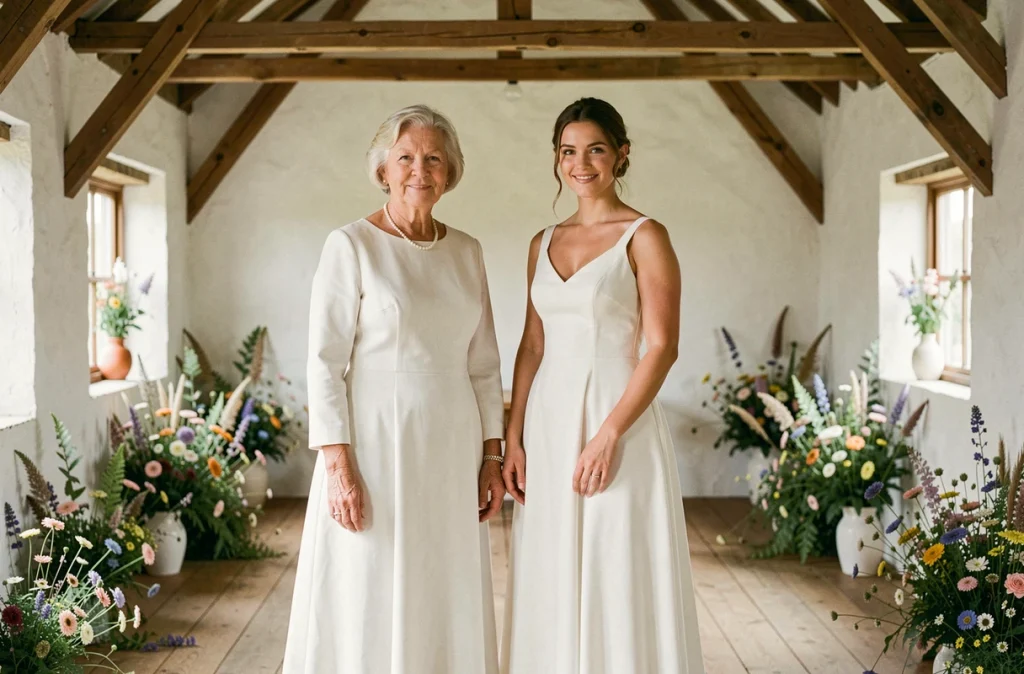 Deux femmes de générations différentes portant des robes de mariée simples et élégantes dans une grange rustique