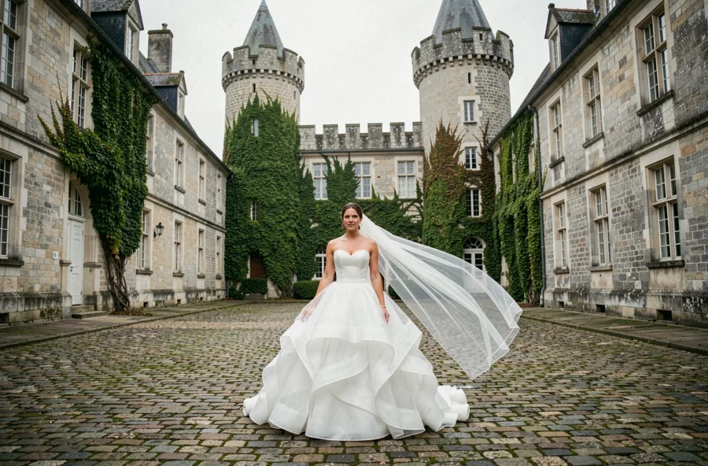 Mariée en robe princesse organza avec voile au vent dans la cour pavée d'un château médiéval