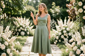 Femme portant une robe verte sauge élégante pour un mariage en plein air dans un jardin fleuri