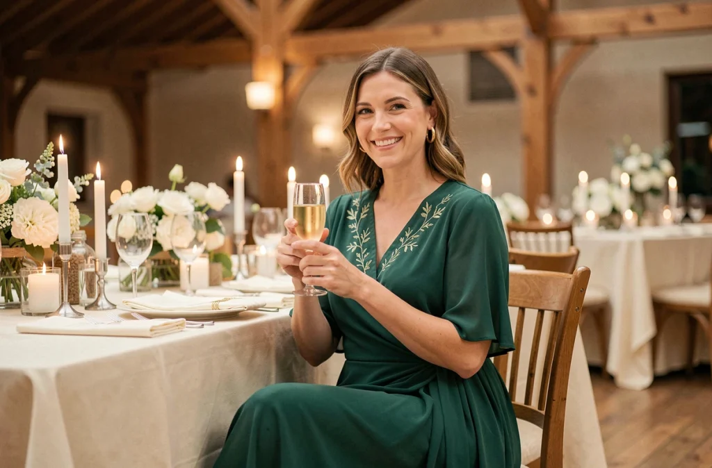 Invitée de mariage en robe verte forêt assise à une table de réception décorée avec élégance