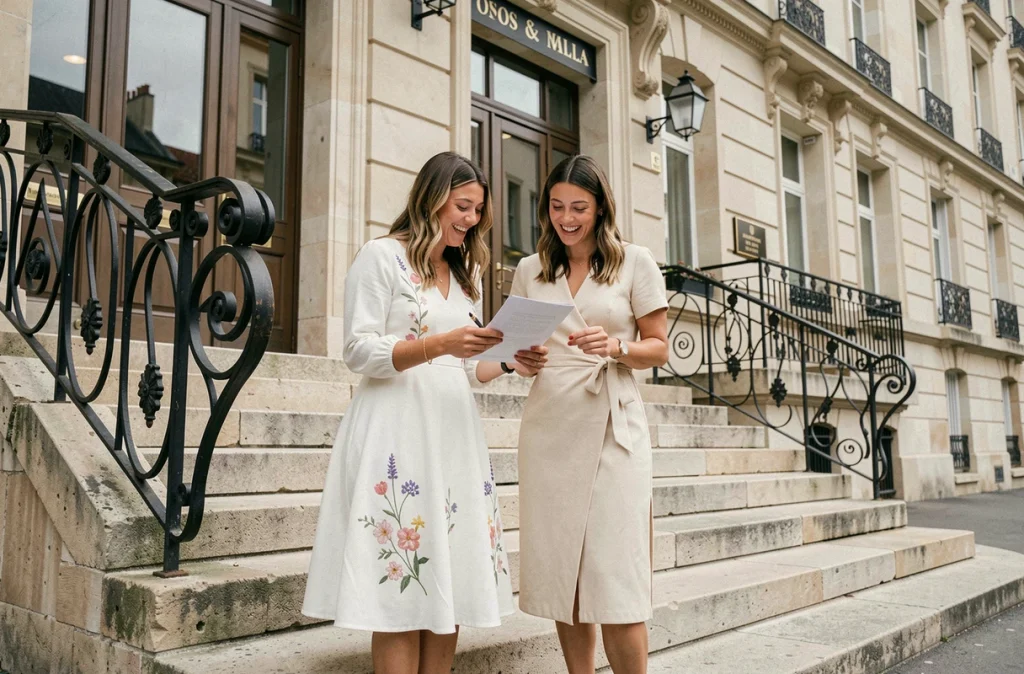 Deux femmes en robes ASOS pour mariage civil devant les marches d'une mairie française avec architecture classique