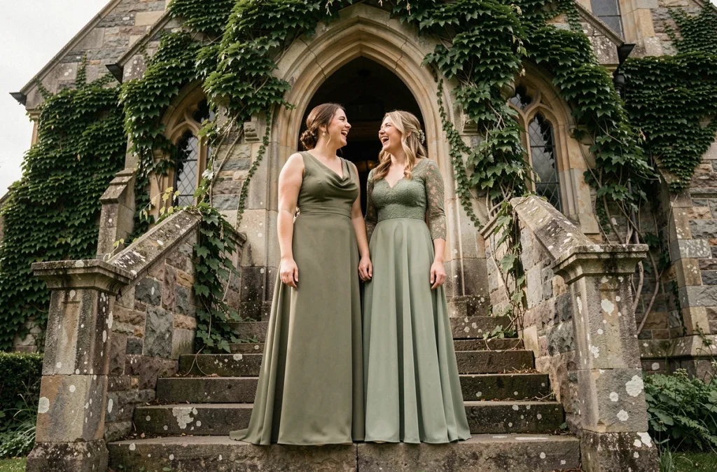 Deux femmes en robes vertes élégantes pour un mariage devant une chapelle en pierre couverte de lierre