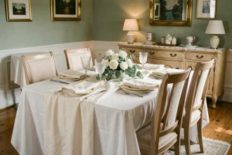 Table de dîner romantique dressée pour un anniversaire de mariage avec une nappe en mousseline blanche, verres en cristal et roses blanches