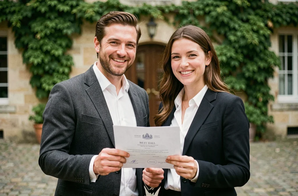 Deux témoins de mariage souriants tenant un acte de mariage officiel devant la mairie