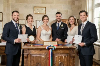 Couple de mariés entouré de leurs deux témoins chacun lors d'une cérémonie civile dans une mairie française