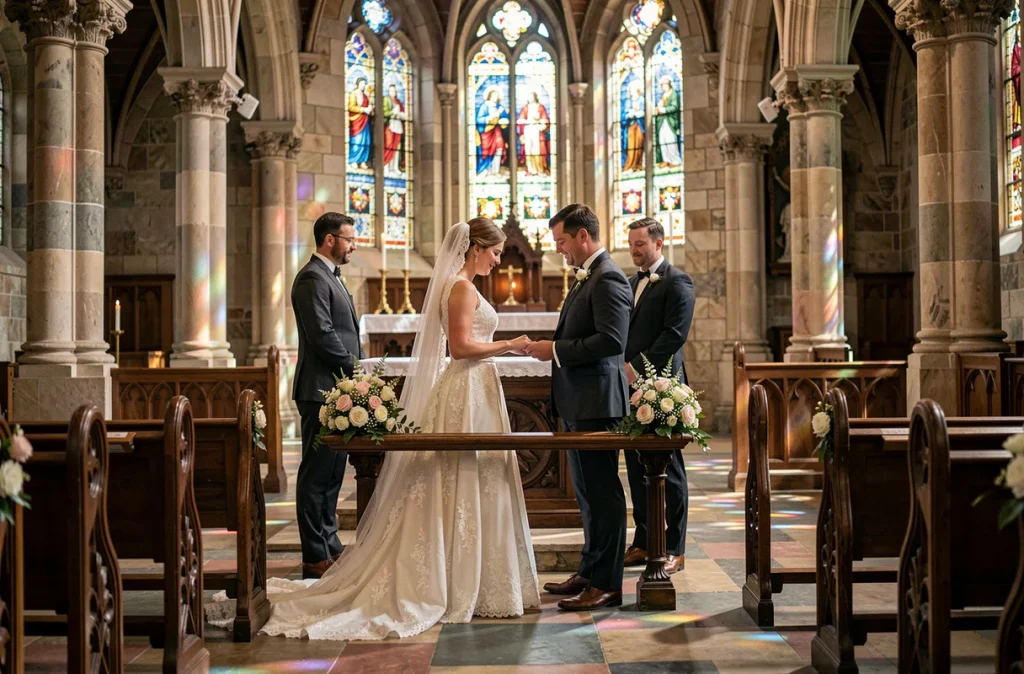 Cérémonie de mariage religieux à l'église avec les témoins debout aux côtés des mariés devant l'autel