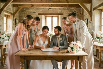 Groupe de témoins de mariage autour des mariés lors de la signature du registre dans une salle de réception en pierre