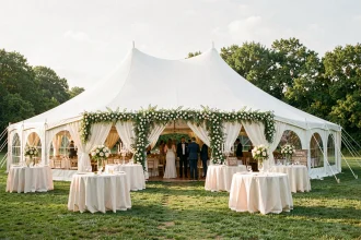 Tente de réception gonflable blanche et élégante installée dans un jardin verdoyant pour un mariage champêtre