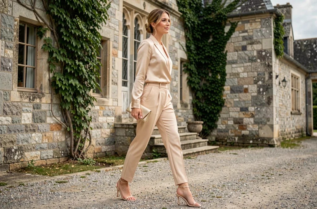 Femme en costume pantalon champagne chic devant un château de mariage, exemple de style réussi et élégant