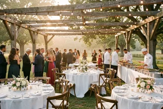 Vue panoramique d'une réception de mariage en extérieur avec un service traiteur complet et des invités élégants autour de tables dressées