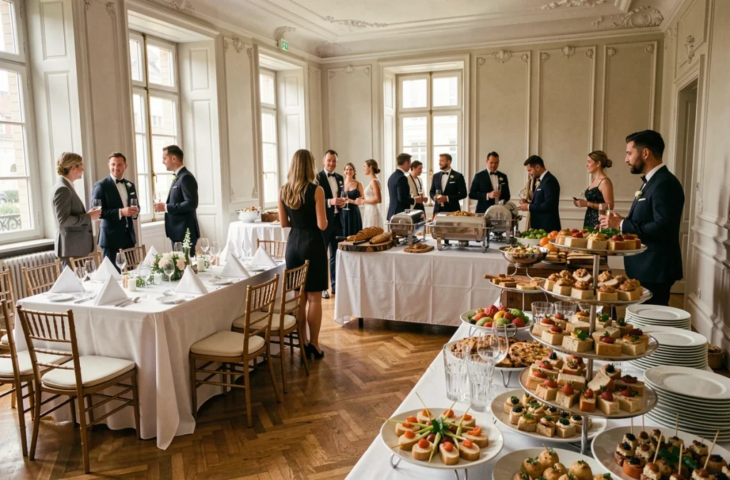 Une salle de réception de mariage présentant simultanément trois formules de service : cocktail dînatoire, repas assis et buffet