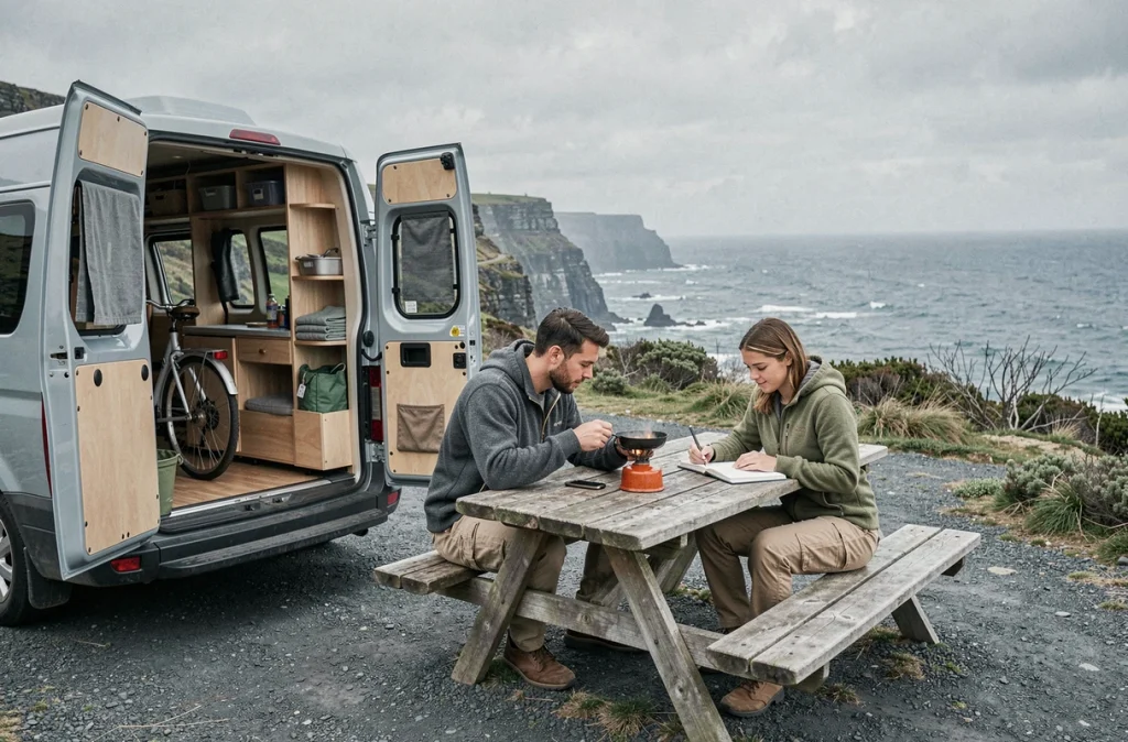Couple en lune de miel itinérante cuisinant près de leur van aménagé garé face à des falaises côtières sauvages
