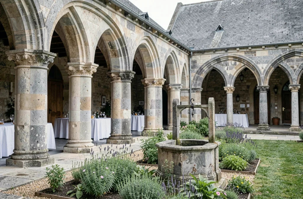 Cloître roman de l'Abbaye de Villeneuve en Loire-Atlantique avec colonnes en pierre et jardin intérieur pour réceptions