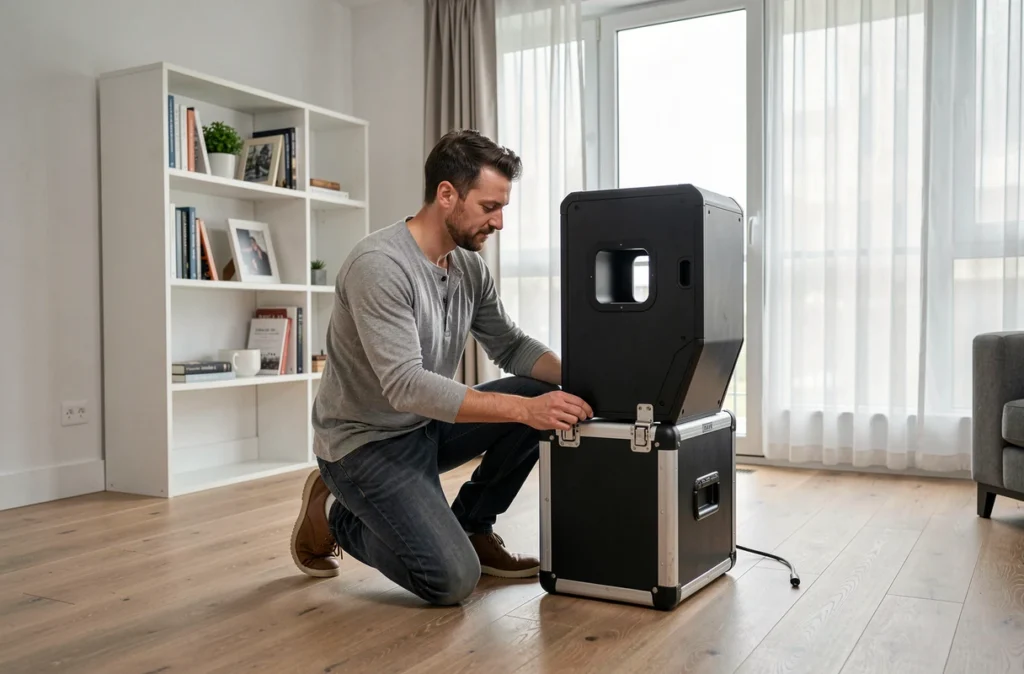 Homme assemblant un photobooth compact chez lui, illustration de l'achat d'un photobooth pas cher pour usage personnel