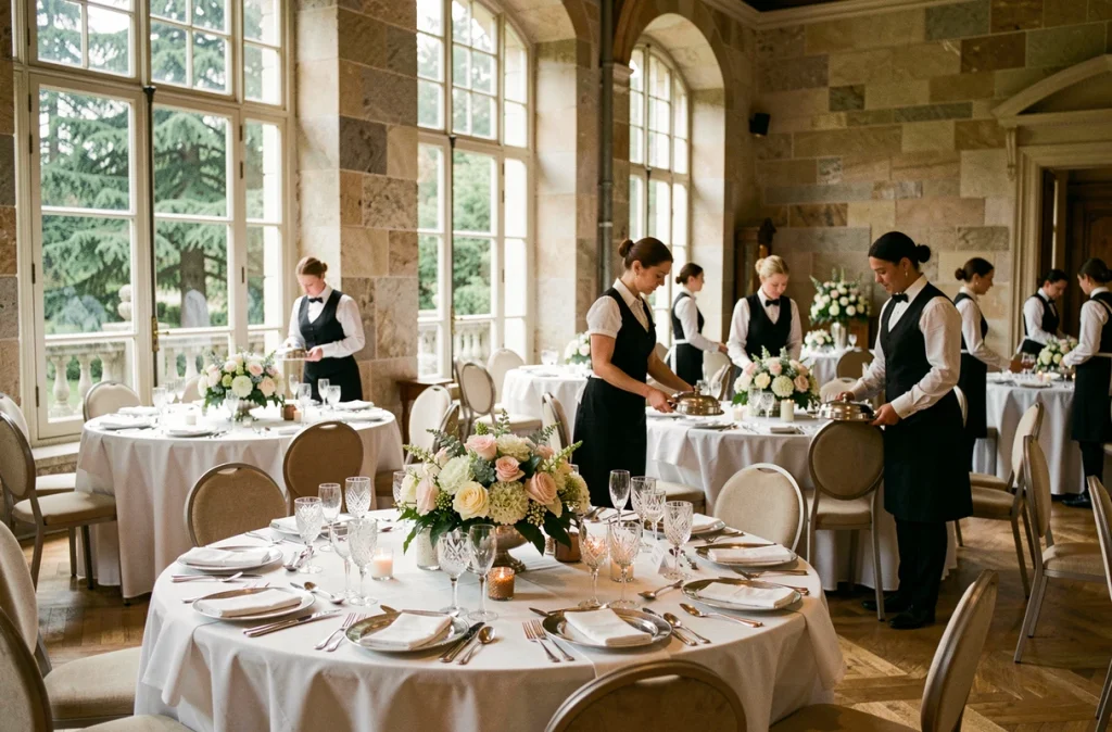 Salle de réception de mariage dans un domaine normand avec cèdres visibles, tables rondes en blanc et service élégant