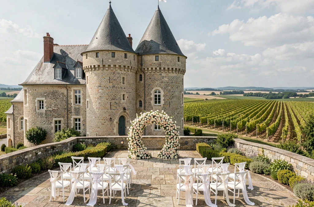 Cérémonie de mariage en plein air sur la terrasse du Château d'Aguilhe avec la tour médiévale et les vignes en arrière-plan