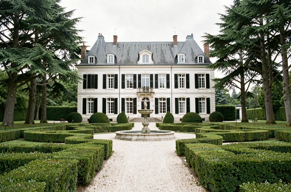 Domaine hôtelier du Château de la Barbinière en Vendée avec jardin à la française, fontaine et façade en tuffeau blanc