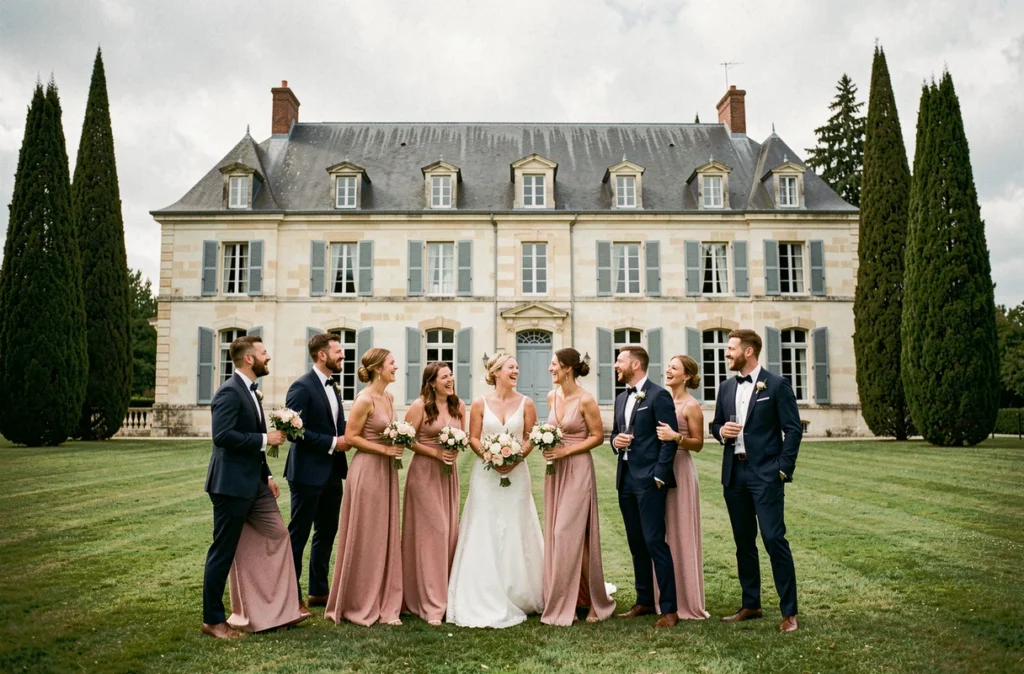 Cortège de mariage en tenue coordonnée devant la façade en calcaire du Château Bertinerie en Gironde