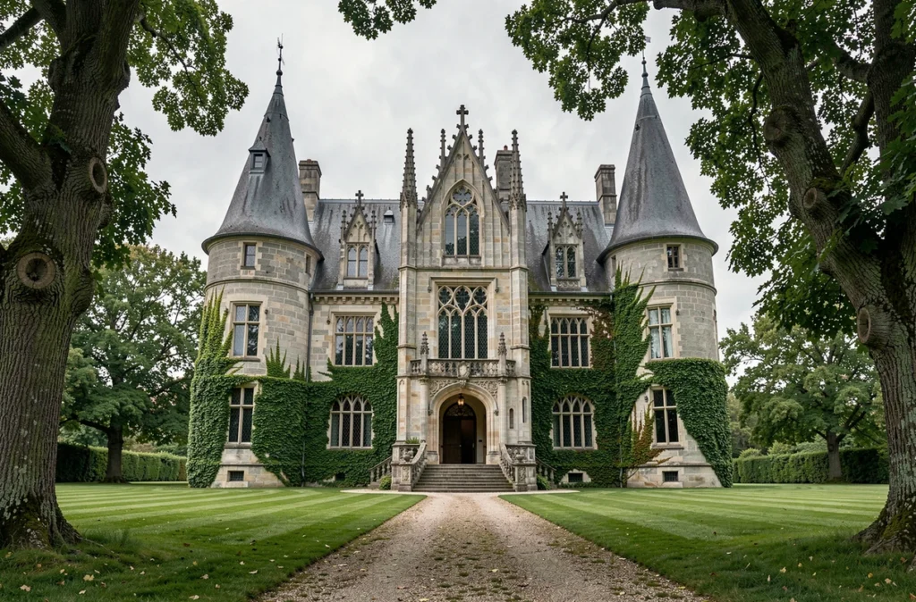 Façade néogothique du Château de Challain avec tourelles en pierre et pelouse verdoyante en Maine-et-Loire