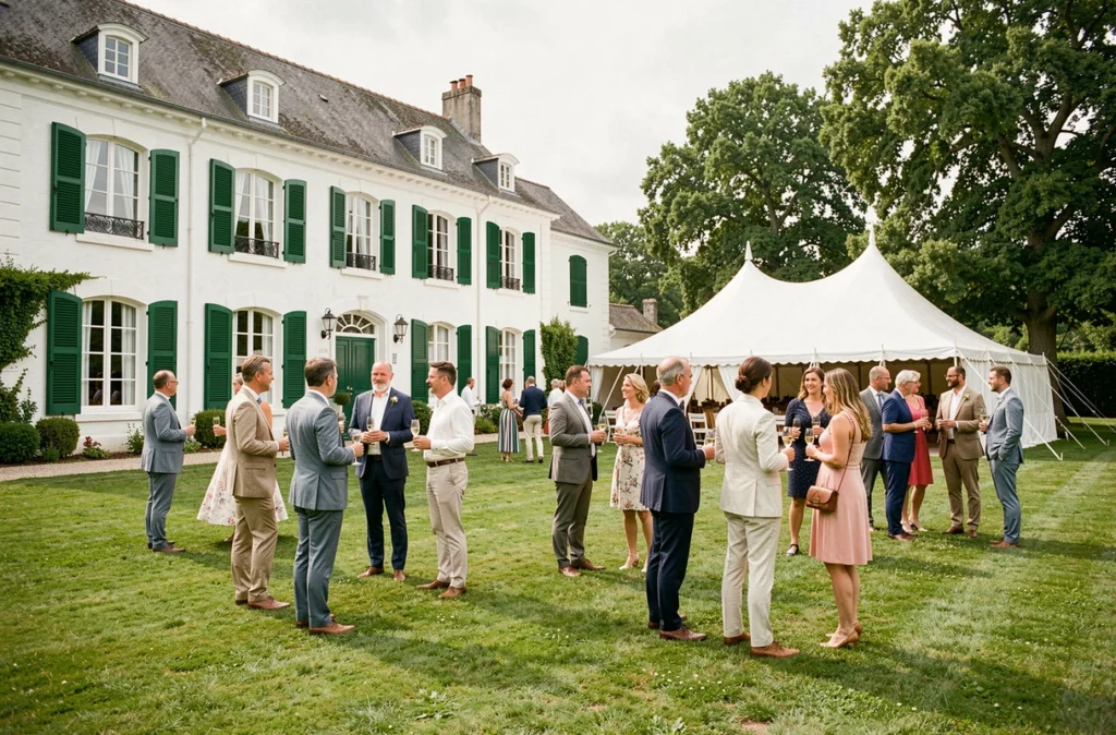 Cocktail de mariage sur la pelouse du Château Couffins, lieu de réception en Gironde